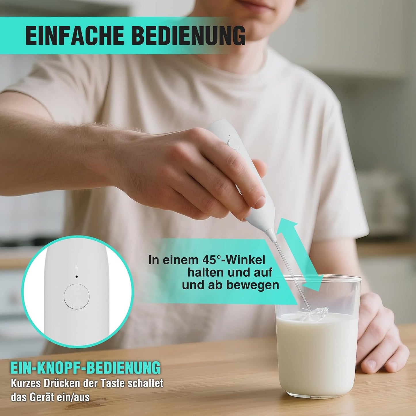 Wiederaufladbarer Hand-Milchaufschäumer mit Ständer, Weiss