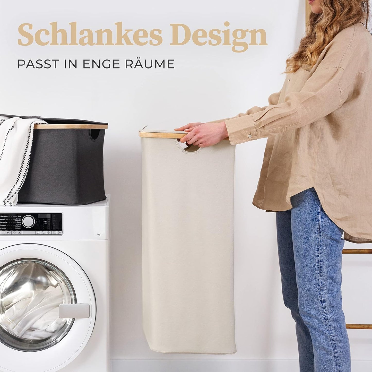 Wäschekorb mit Deckel, 100L 100l Beige-grau