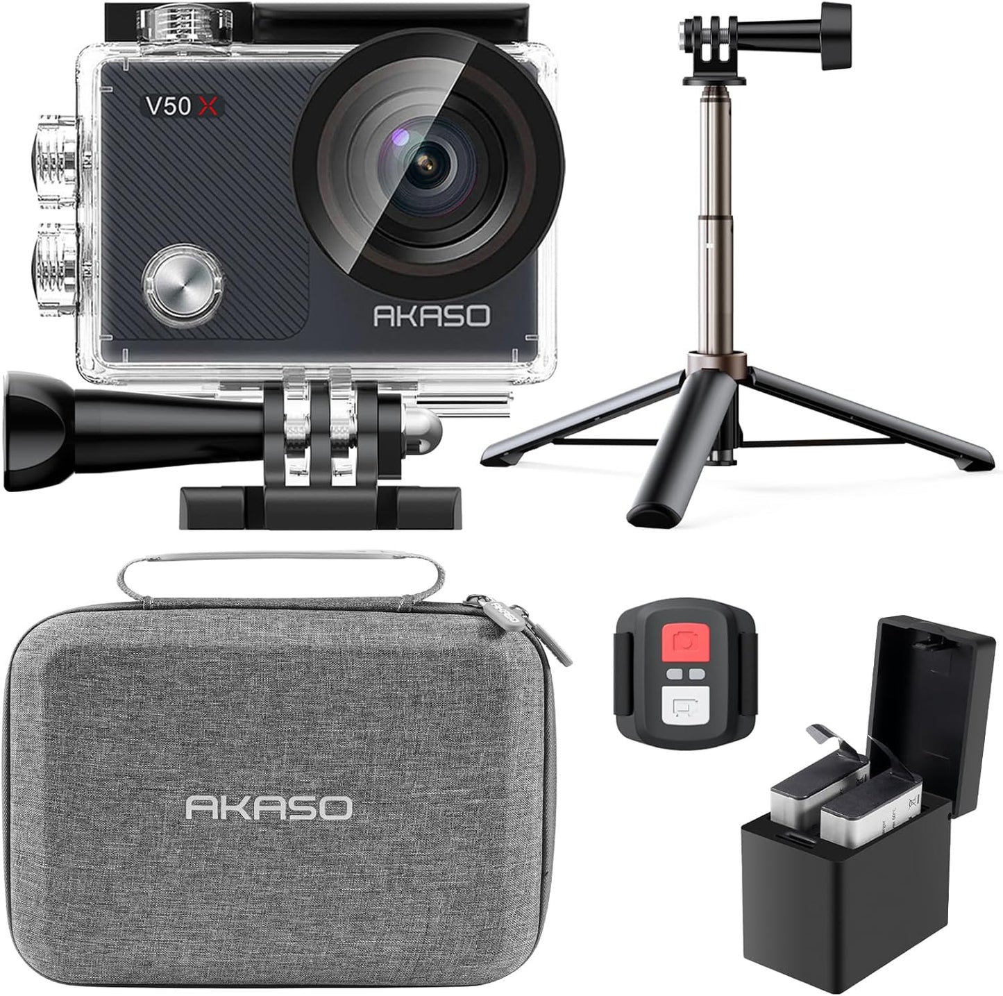 Action Cam 4K mit Stativ und Tasche, V50 X mit 60cm Stativ Selfie Stick und Tasche
