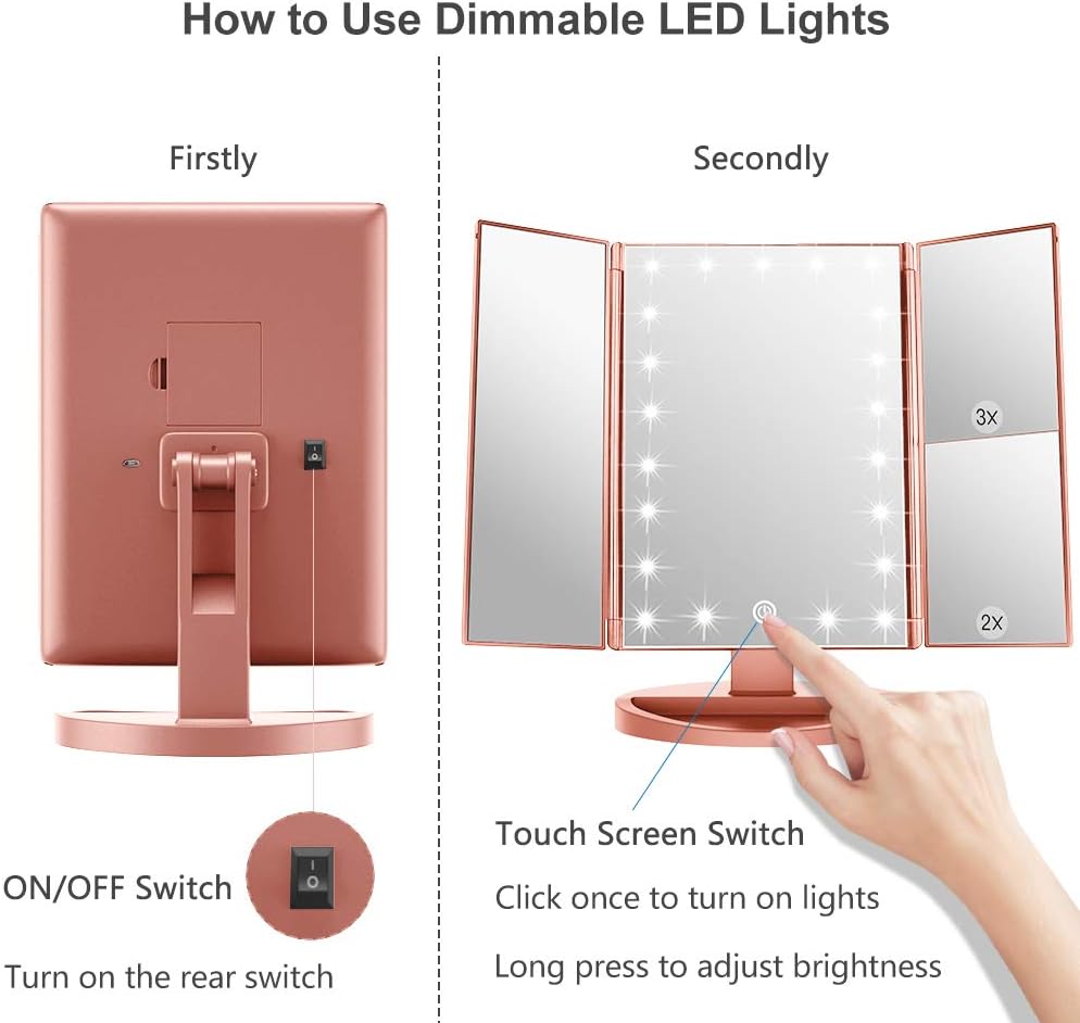 Dreifach gefalteter Kosmetikspiegel mit LED & Vergrösserung, Rosengold
