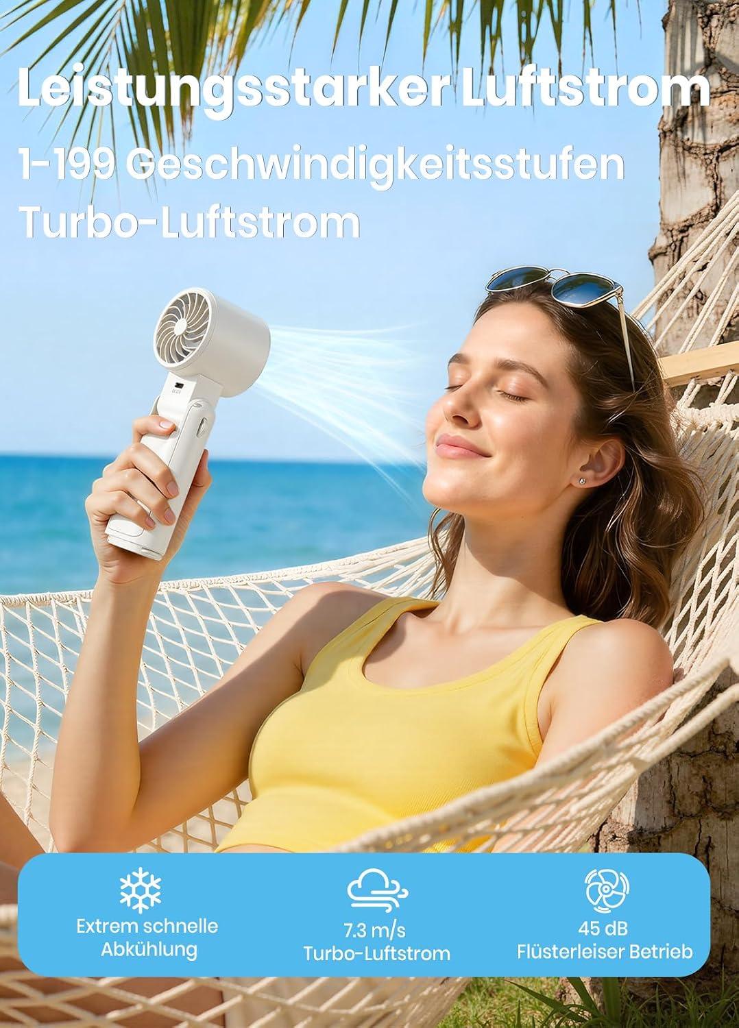 Handventilator mit LED-Display & Clip, Weiss