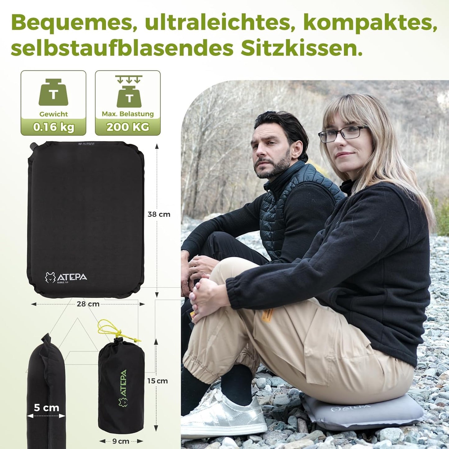 Selbstaufblasendes Sitzkissen für Outdoor und Büro, Schwarz 1er Pack 38 x 28 x 5 cm