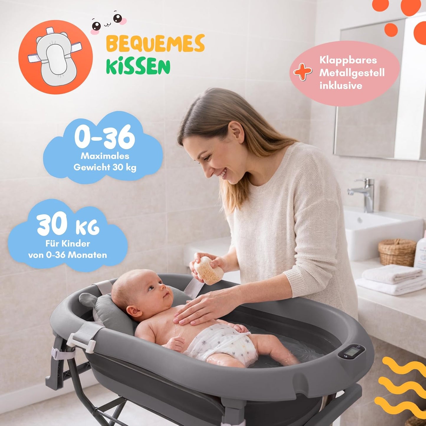 Babybadewanne mit Faltgestell und Badekissen, Dunkel Grau mit Ständer und Badekissen