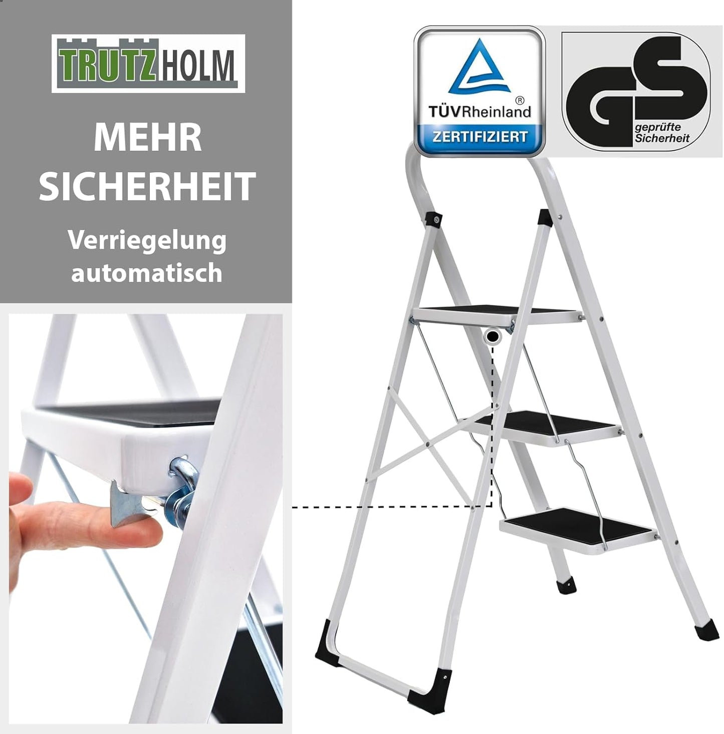 Klapptritt mit 3 Stufen und Sicherheitsverriegelung, 3 Stufen Weiss