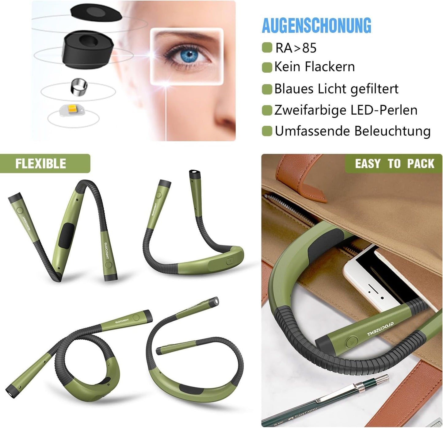 Leselampe für den Hals, Mittel Armeegrün