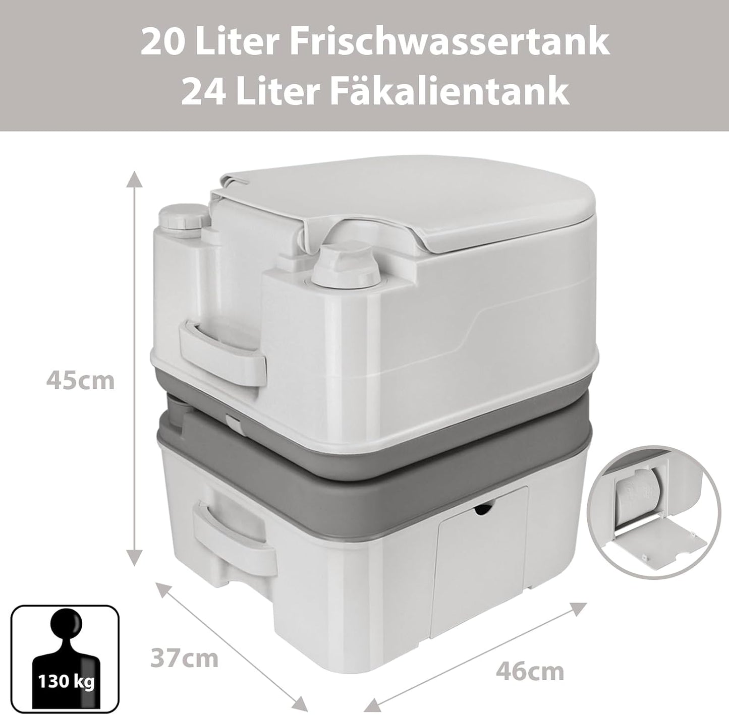 Mobile Campingtoilette mit Kolbenpumpe und Papierfach