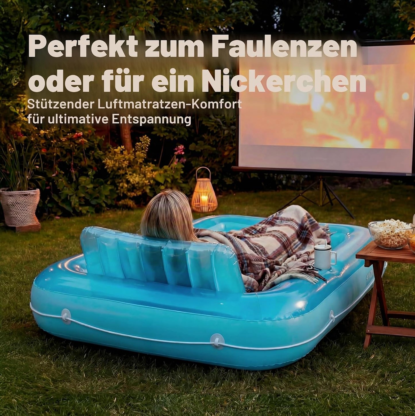 Aufblasbarer Sonnenpool mit abnehmbarem Kissen und Getränkehalter, Blau L