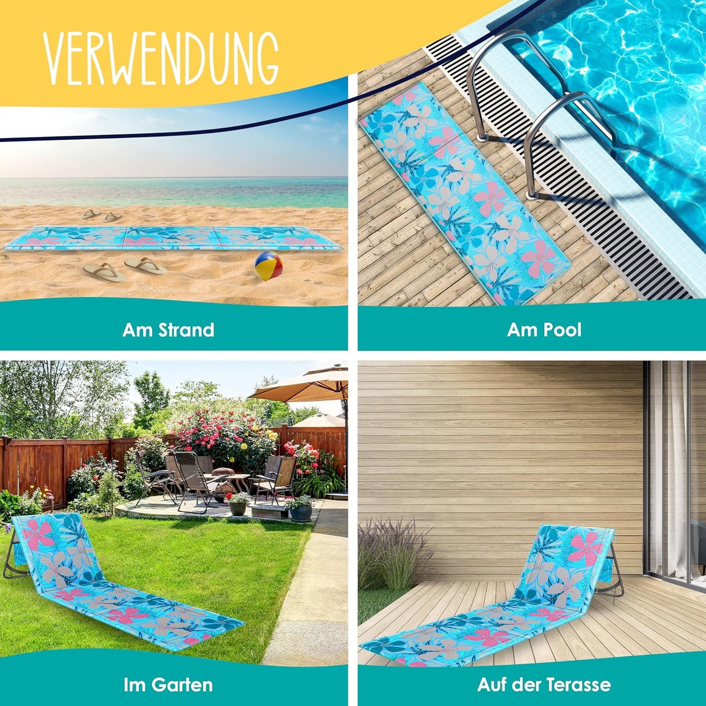 Klappbare Strandmatte mit verstellbarer Rückenlehne und Tragegurt, 1 Stück Hellblau