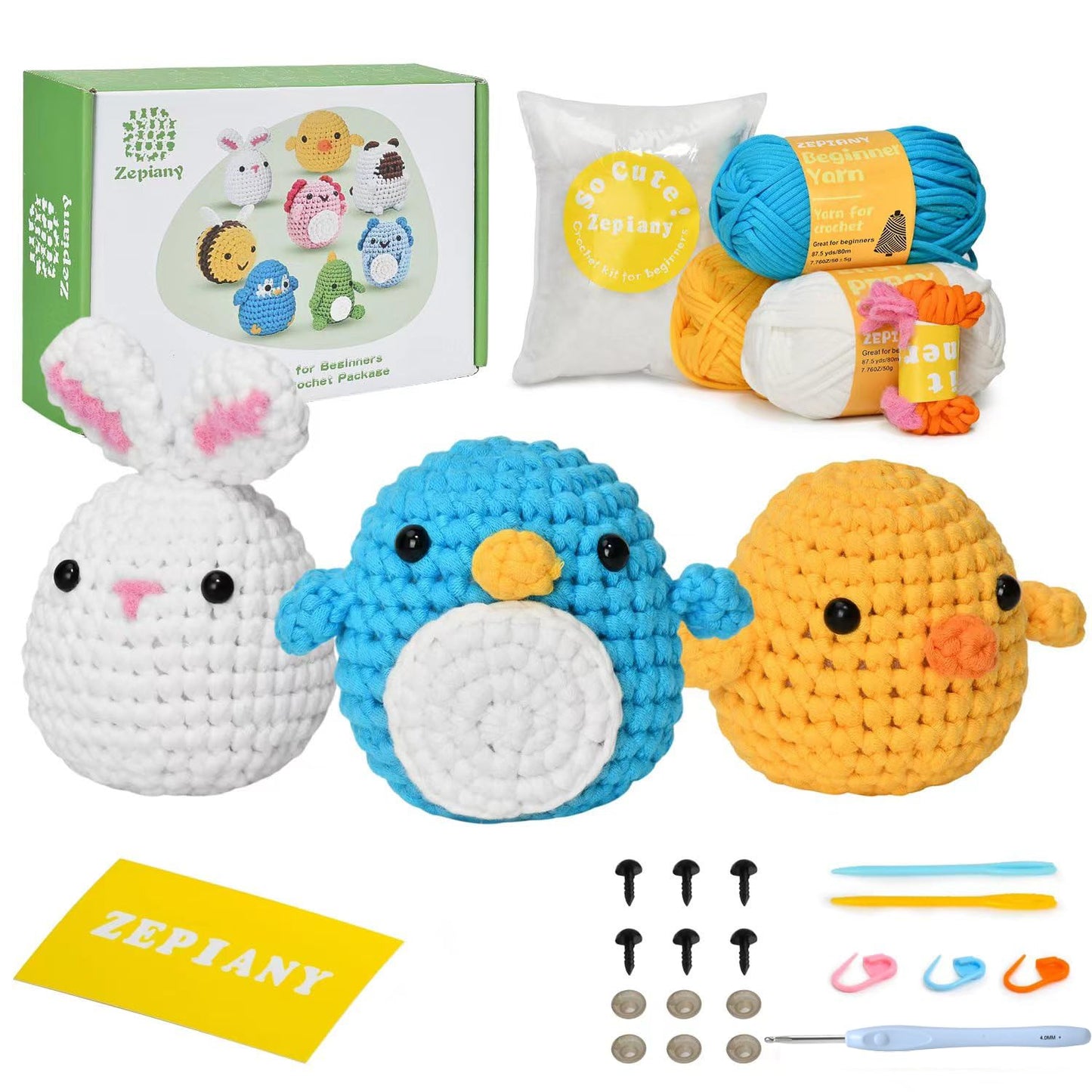 Häkel-Starterset Pinguin & Hase & Küken, für Anfänger mit Videoanleitungen