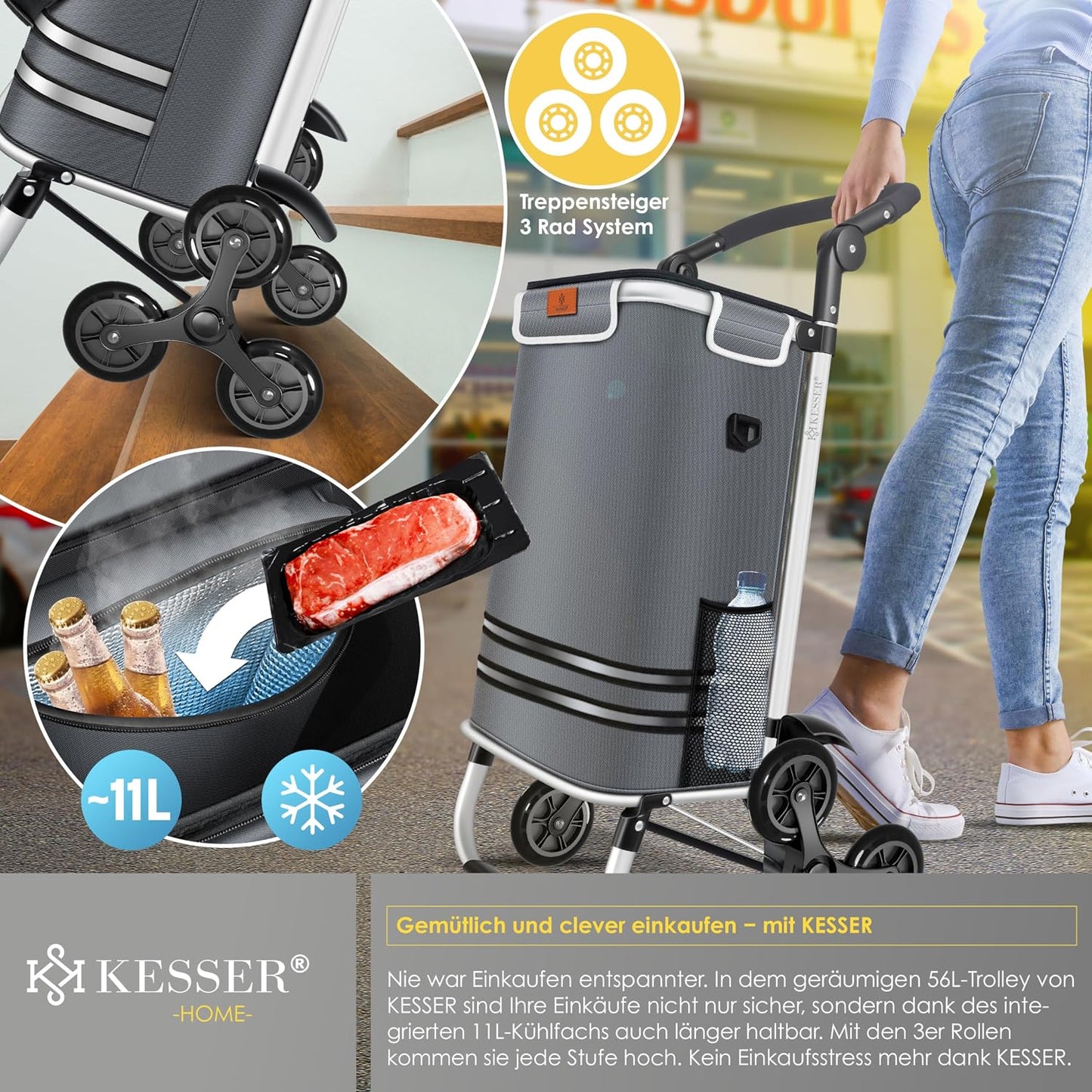 Einkaufstrolley Treppensteiger klappbar 3in1 (56L), Anthrazit