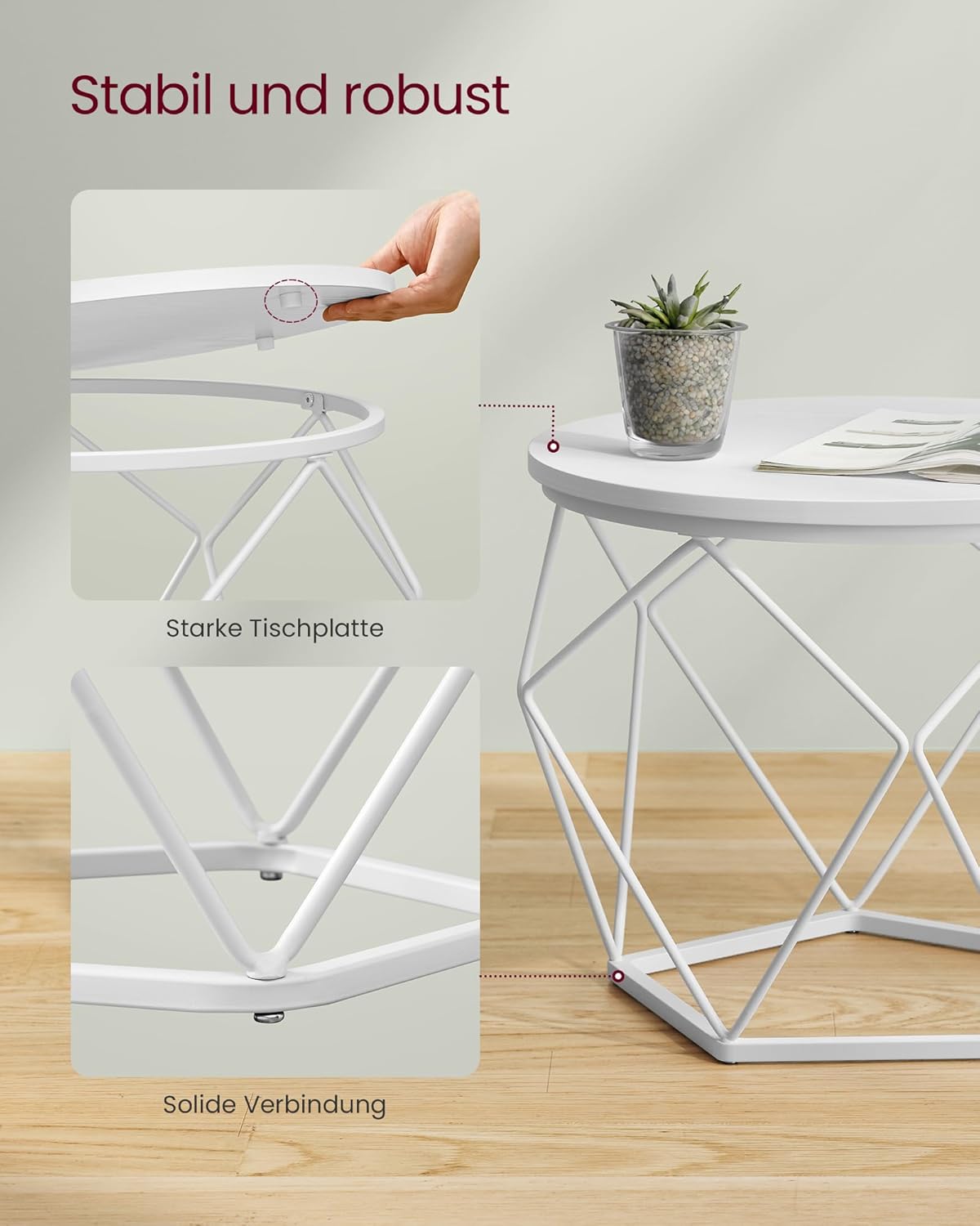 Runder Couchtisch im 2er-Set mit abnehmbarer Platte, (50 Dia. x 40H) cm + (40 Dia. x 36H) cm Schneeweiss + Wolkenweiss