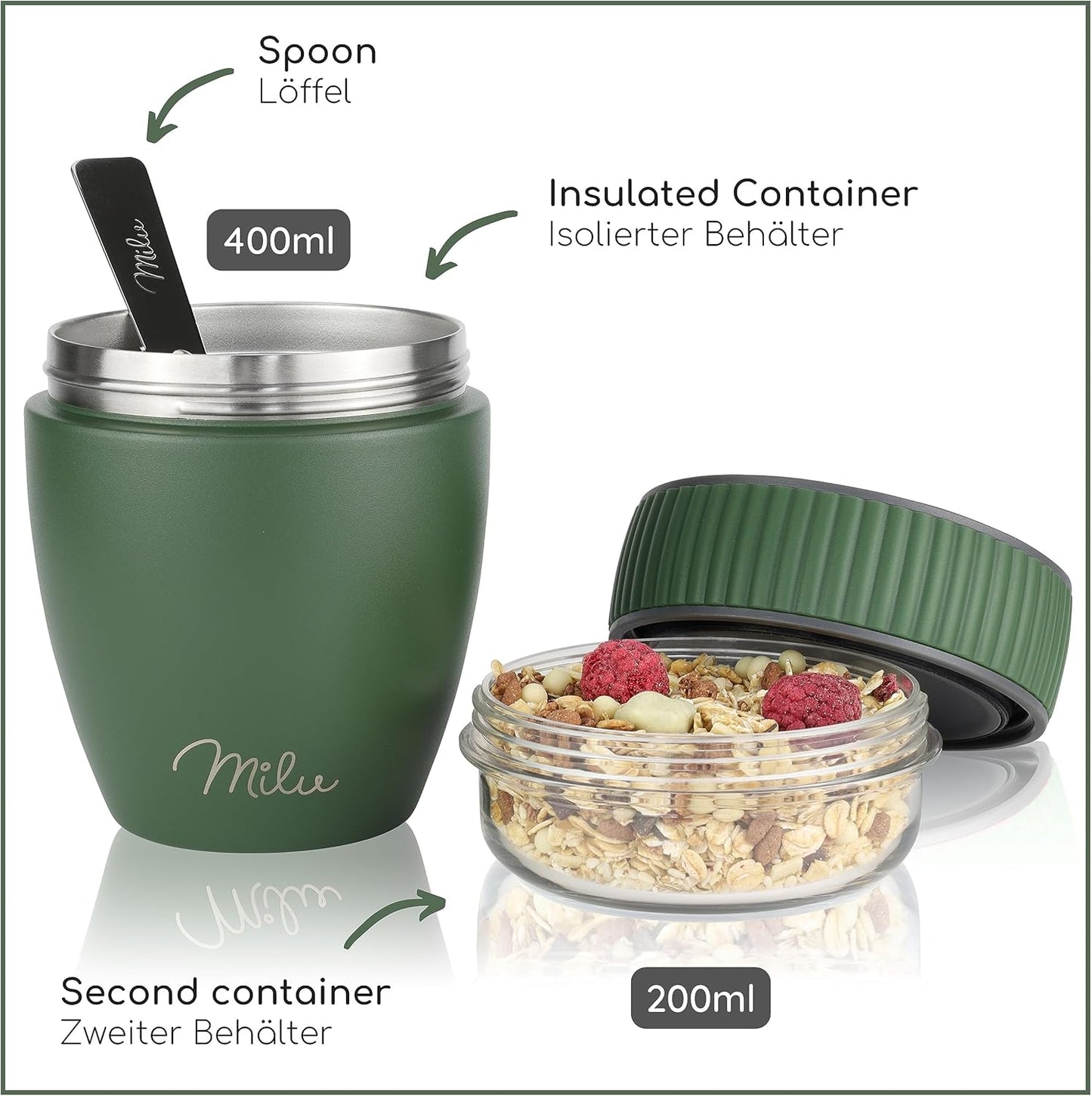 Isolierter Müslibecher mit Löffel, Olivgrün Edelstahl