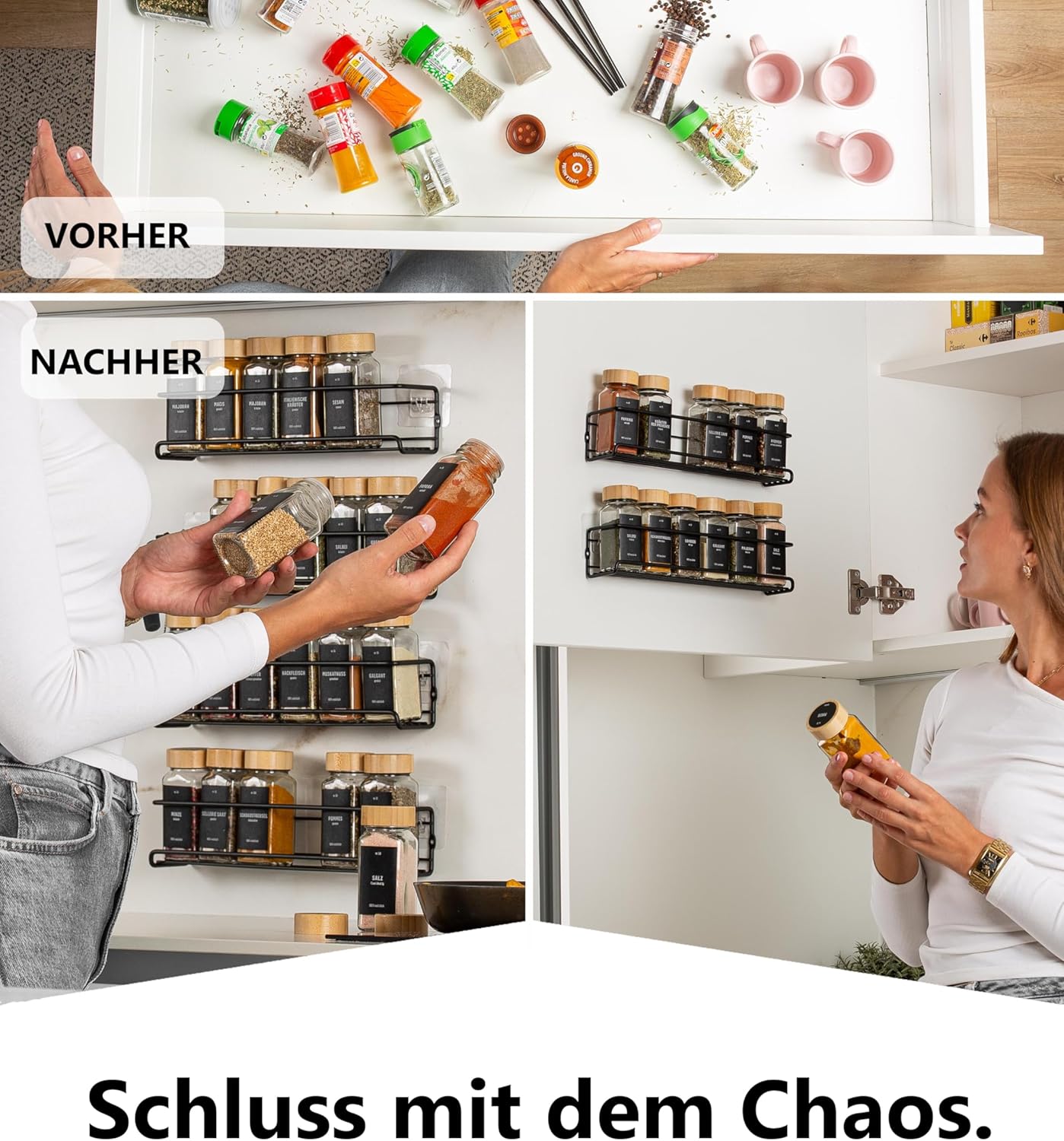 Gewürzregal-Set zum Aufhängen, mit Gläser, Deckel Bambus