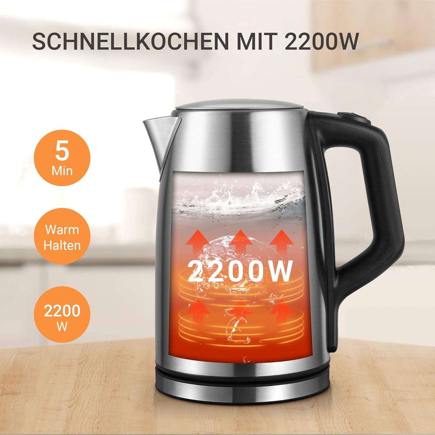 Wasserkocher mit Temperatureinstellung, 1.7L Edelstahl-silber