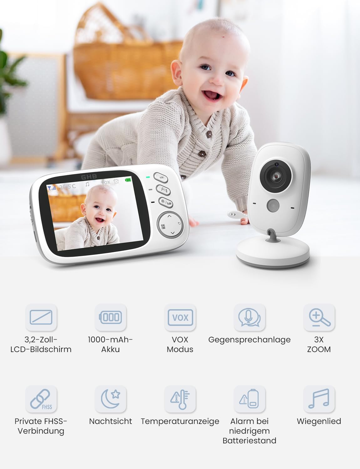 Babyphone mit Kamera und LCD-Display, 3,2 Zoll