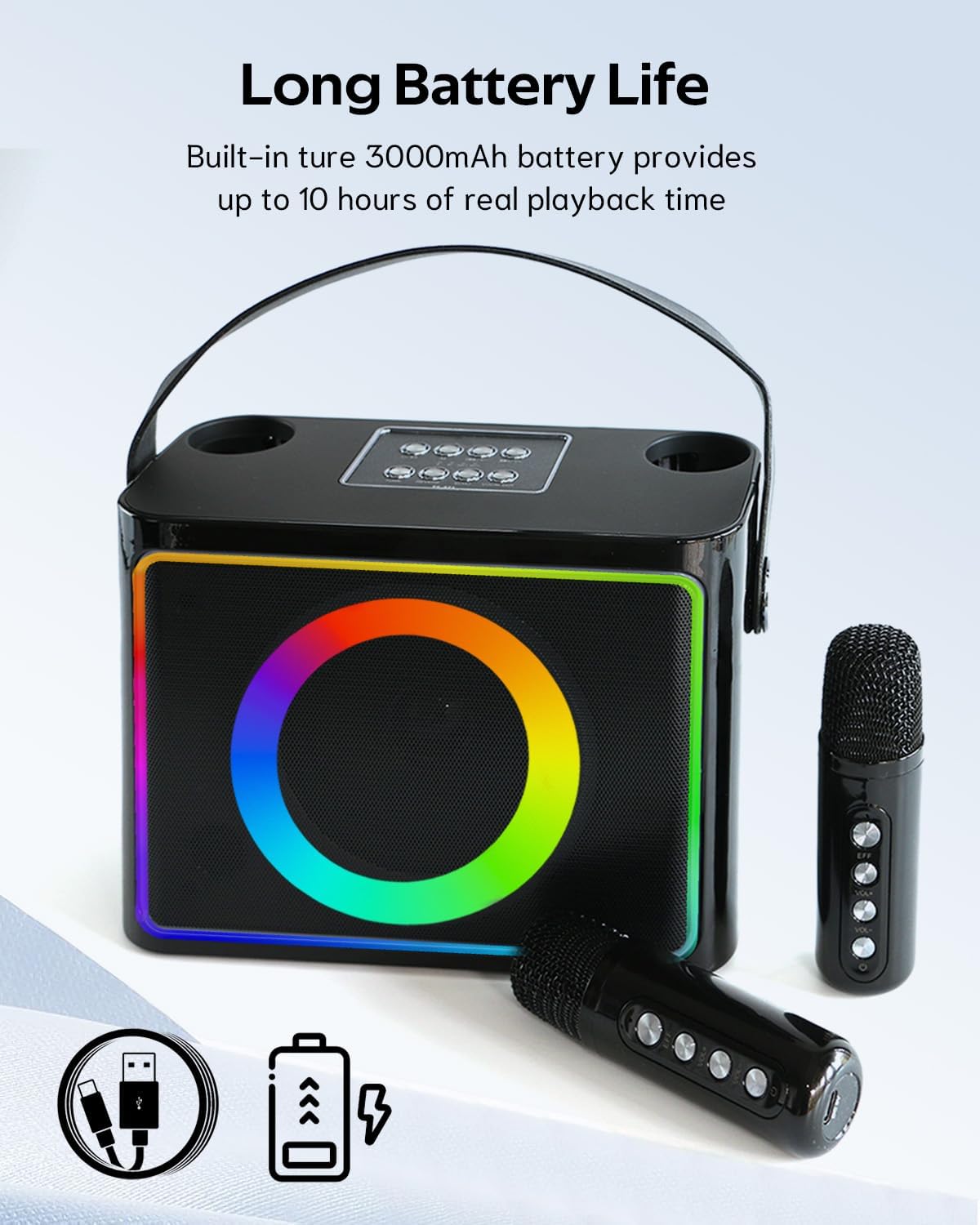 Tragbare Karaoke-Anlage mit 2 Mikrofonen und RGB Licht