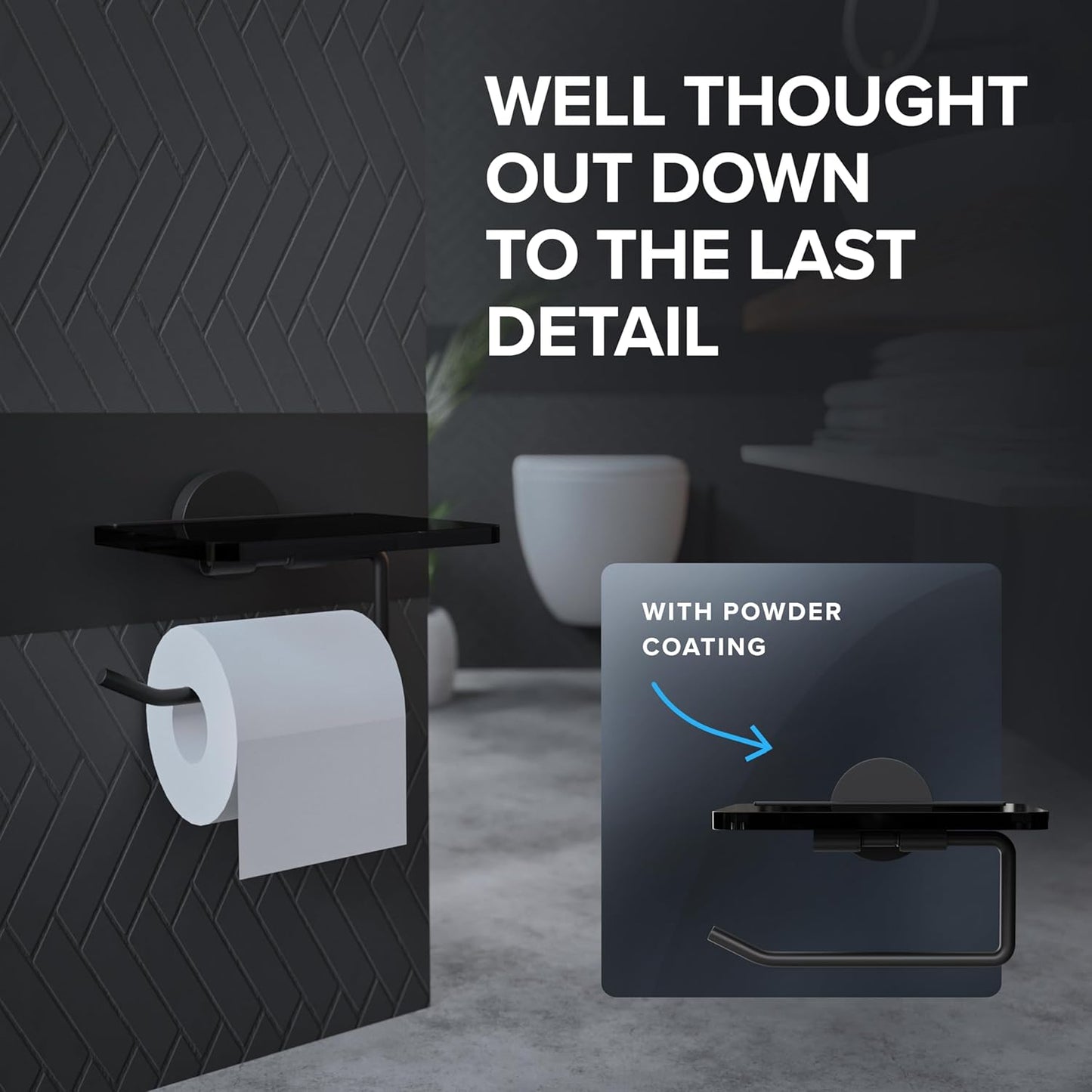 Toilettenpapierhalter mit Glasablage, Schwarz Pour le perçage