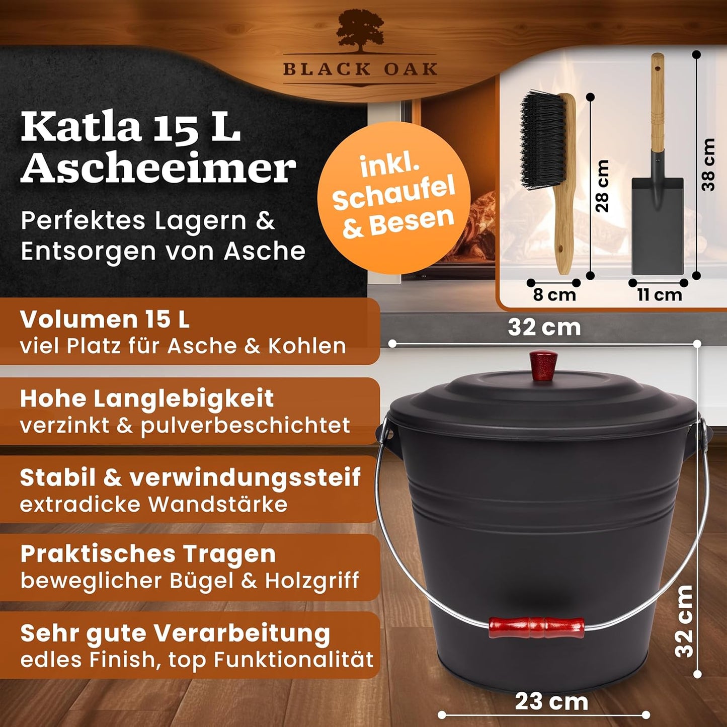 Ascheeimer-Set mit Schaufel und Besen, Katla 15L+ Schaufel & Feger