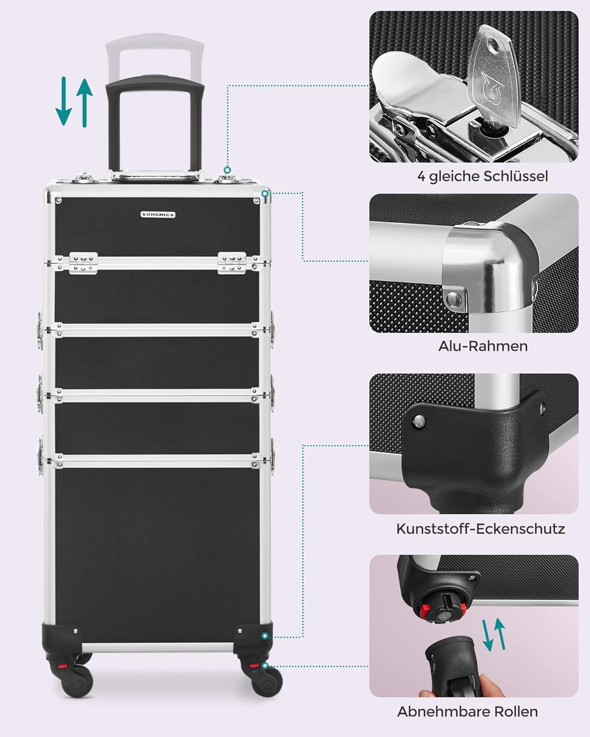 4-in-1 Schminkkoffer, abschliessbar mit Rollen, Schwarz 35 x 25 x 79 cm