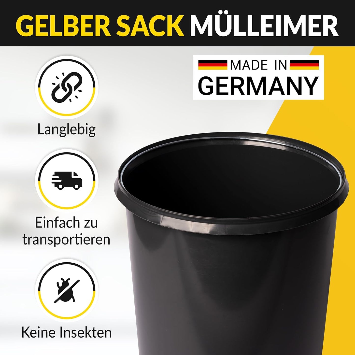 Müllsackständer 60L mit Deckel und Ring, schwarz-gelb