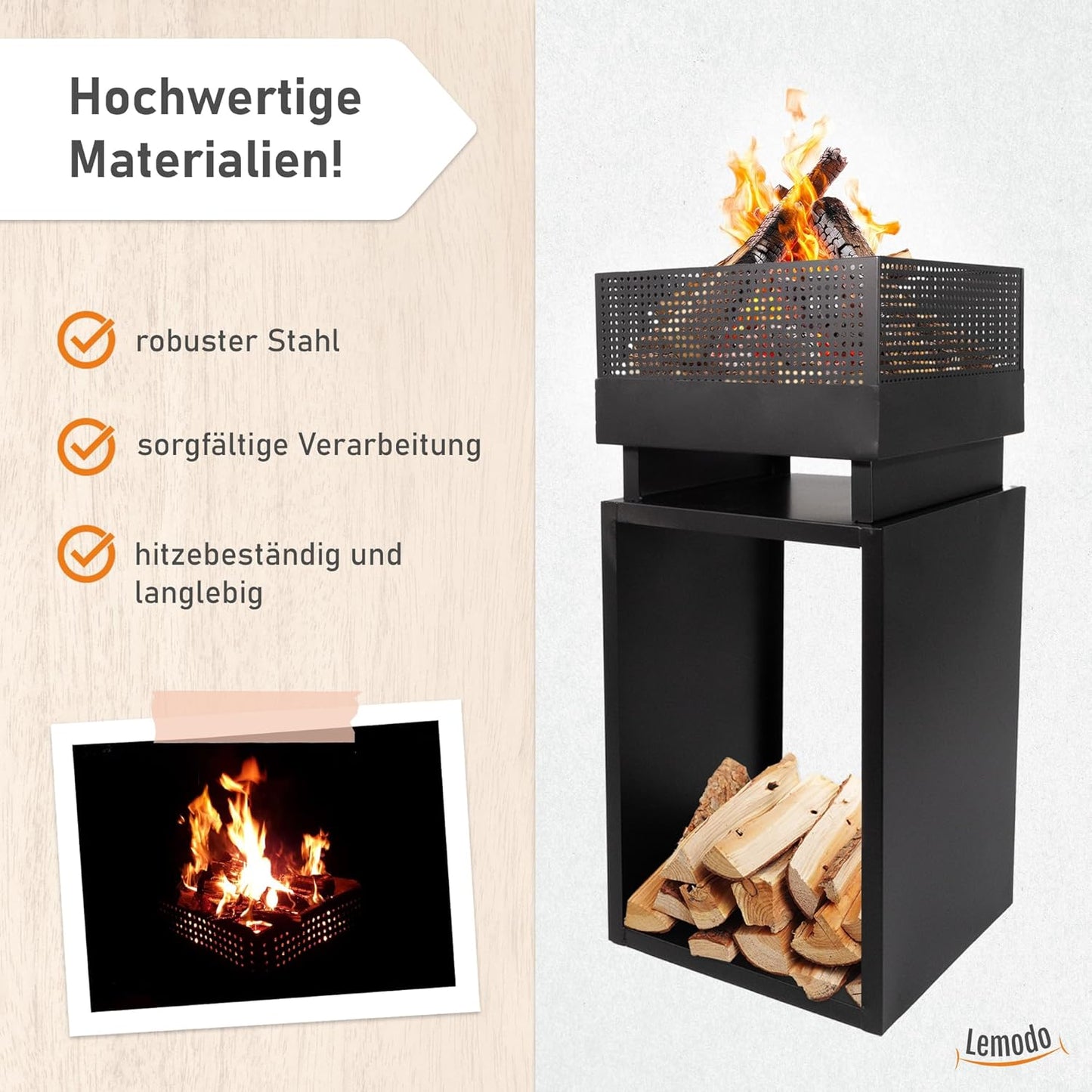 Feuerkorb mit Holzlager, Feuerkorb mit Holzlager
