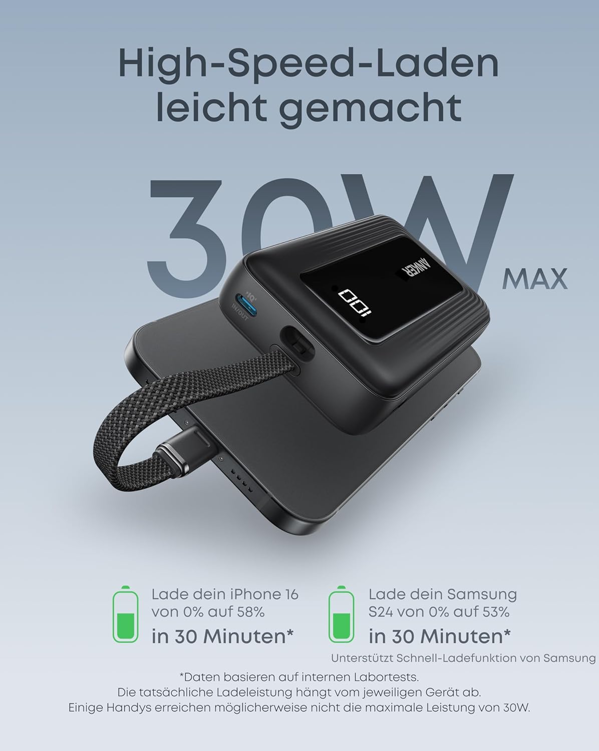 Zolo Powerbank mit integriertem Ladekabel, 20000mAh / Schwarz