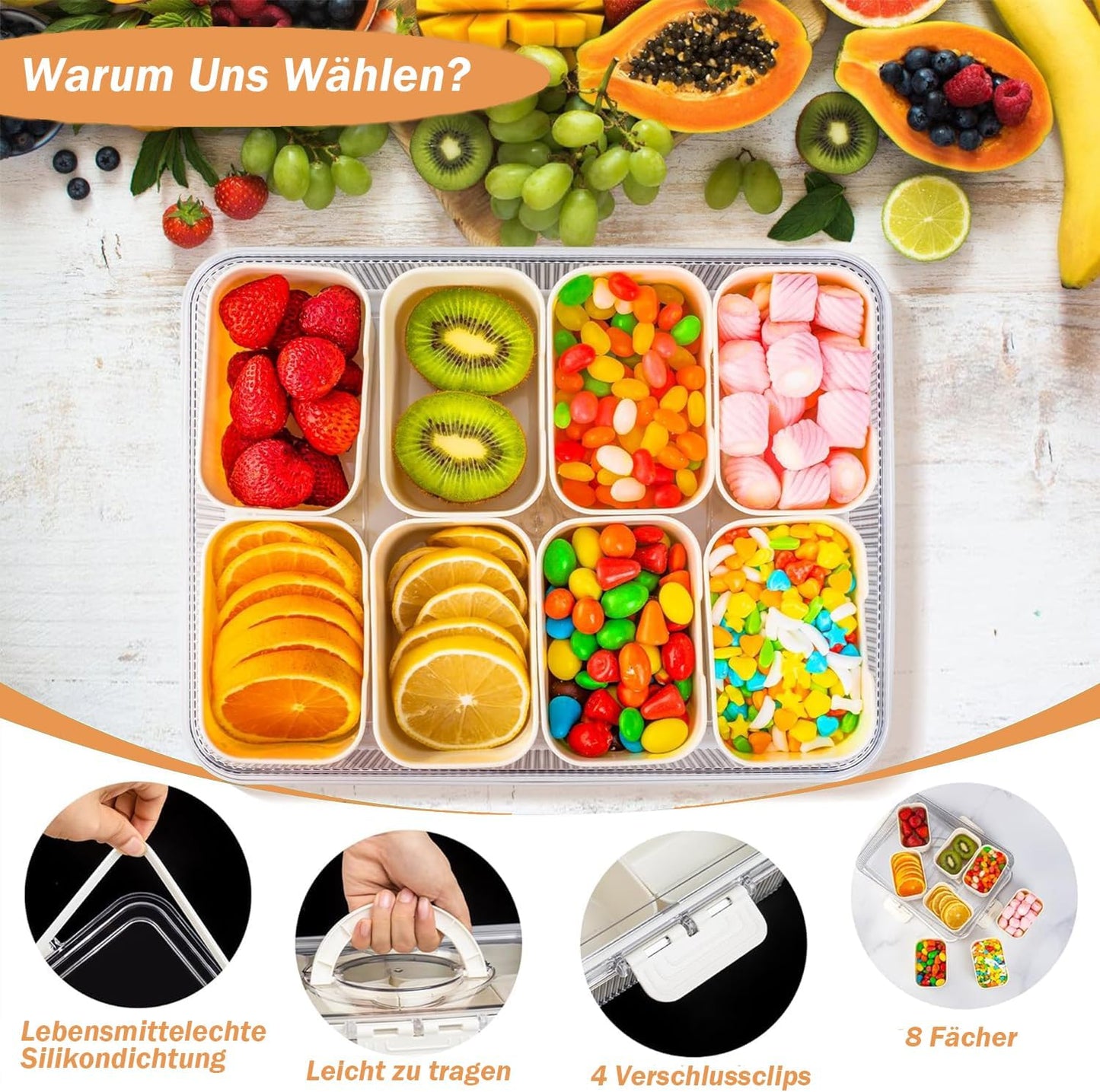 Snackbox mit 8 Fächern und Deckel, 1 Stück
