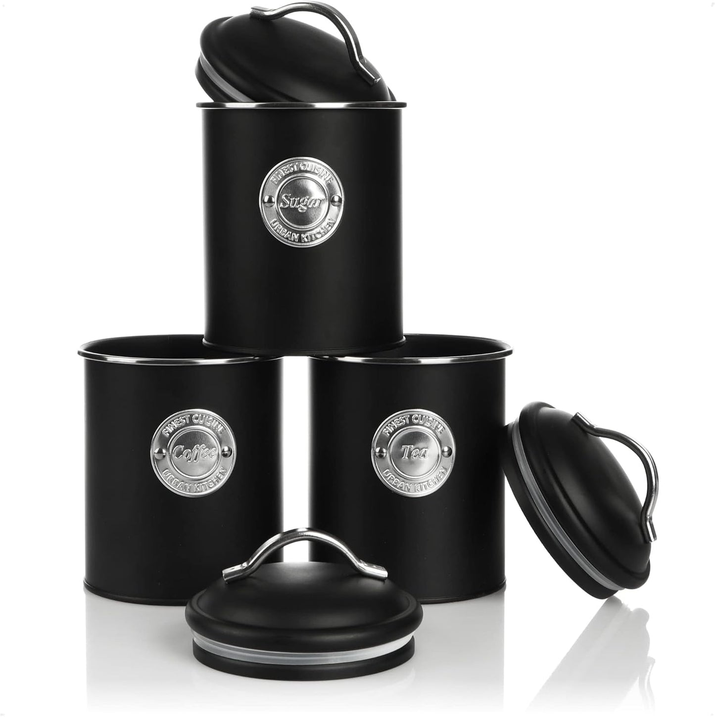 3er-Set Vorratsdose für Kaffee, Tee und Zucker, 03 Stück - Schwarz