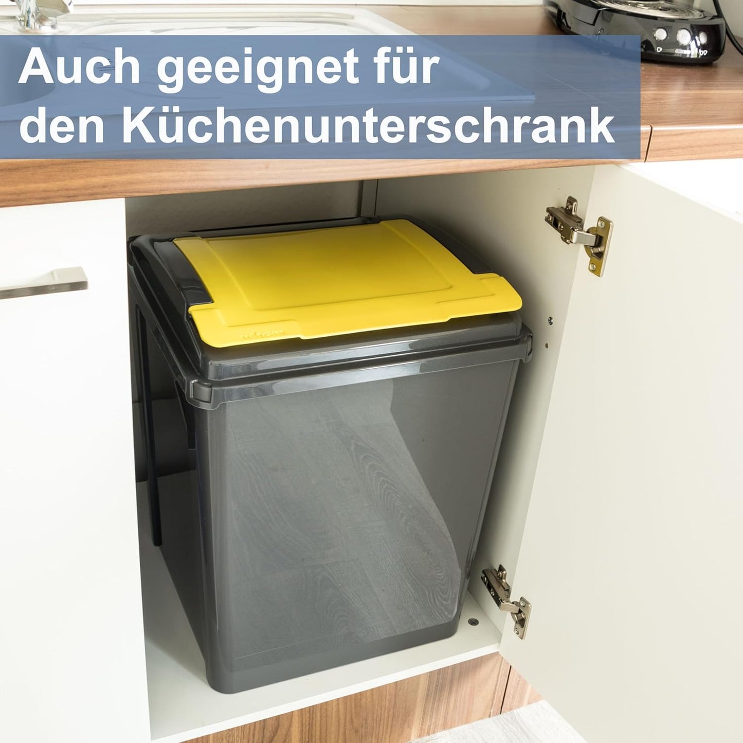 3x Mülleimer mit Deckeln und Griffmulden, Gelb-grün-blau 25 Liter