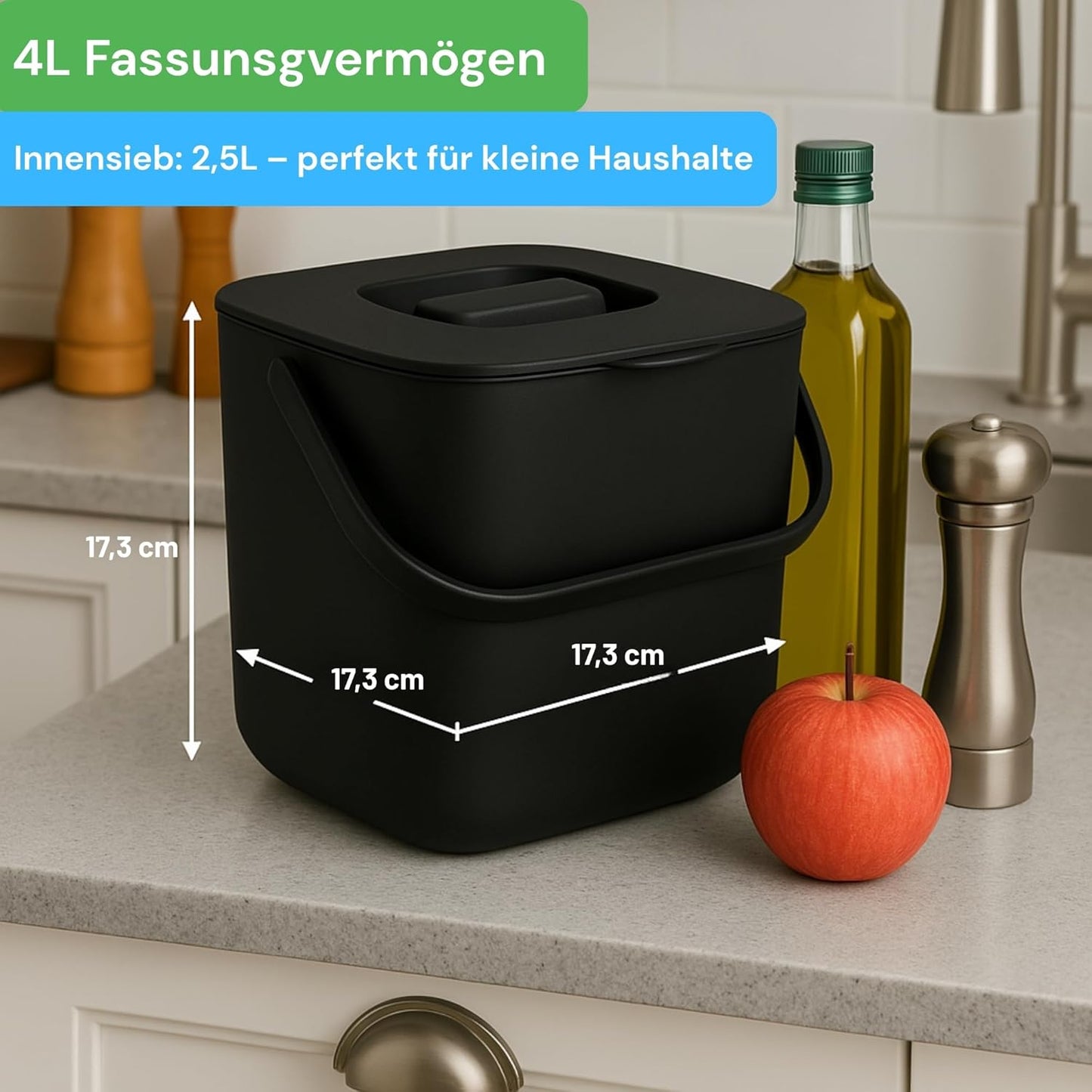 Biomülleimer, 4 Liter Schwarz