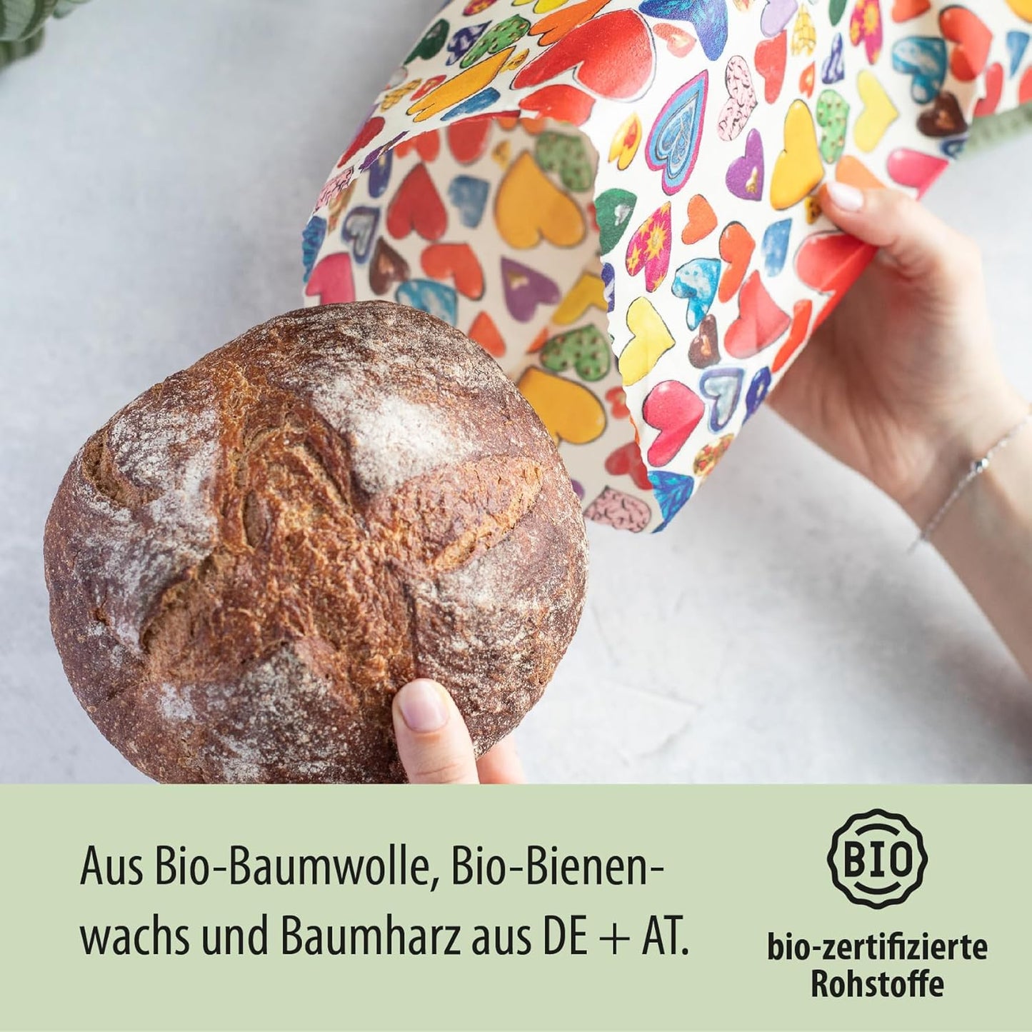 Bio-Bienenwachstuch Brotbeutel, Herzen