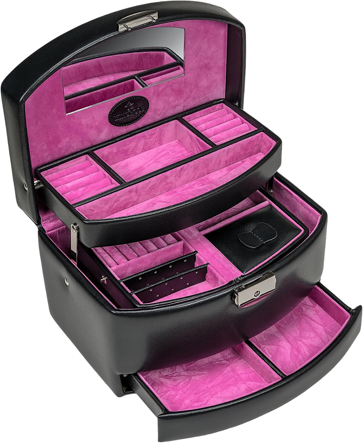 Automatik-Schmuckkoffer mit Reiseeinsatz, Schwarz-pink