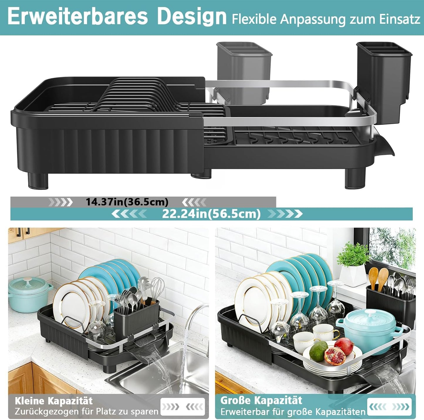 Erweiterbares Abtropfgestell mit Besteckhalter