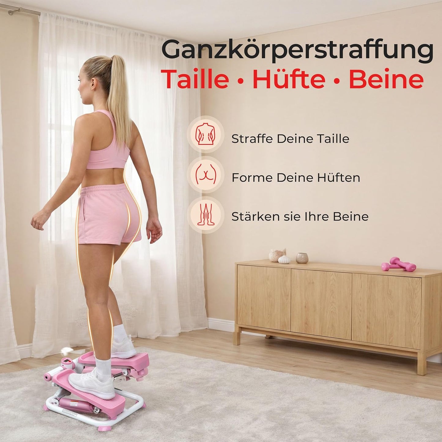 Stepper für Zuhause mit Widerstandsbändern und App, Klassisch / Pink