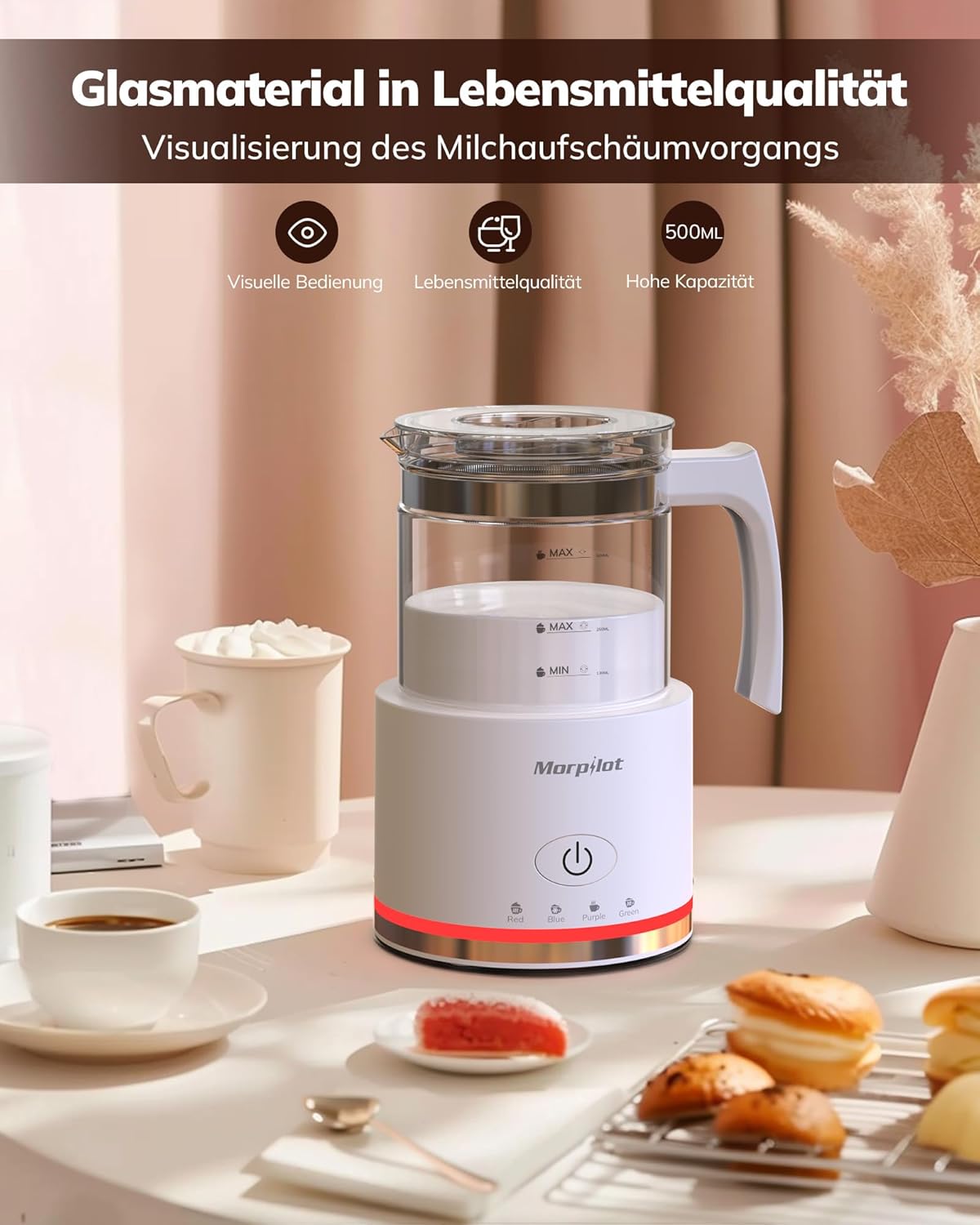 Elektrischer 4-in-1 Milchaufschäumer, 500ml Glas+weiss