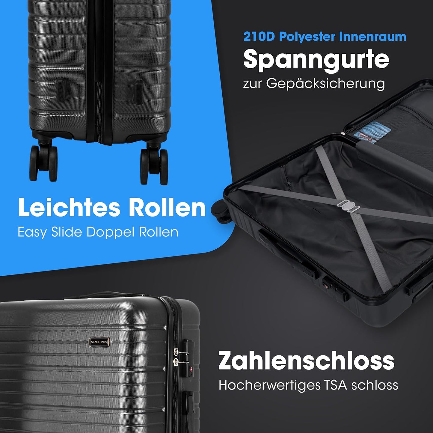 3-teiliges Hartschalenkoffer-Set, 3er Set (M+l+xl) - Schwarz - ''Luxe''