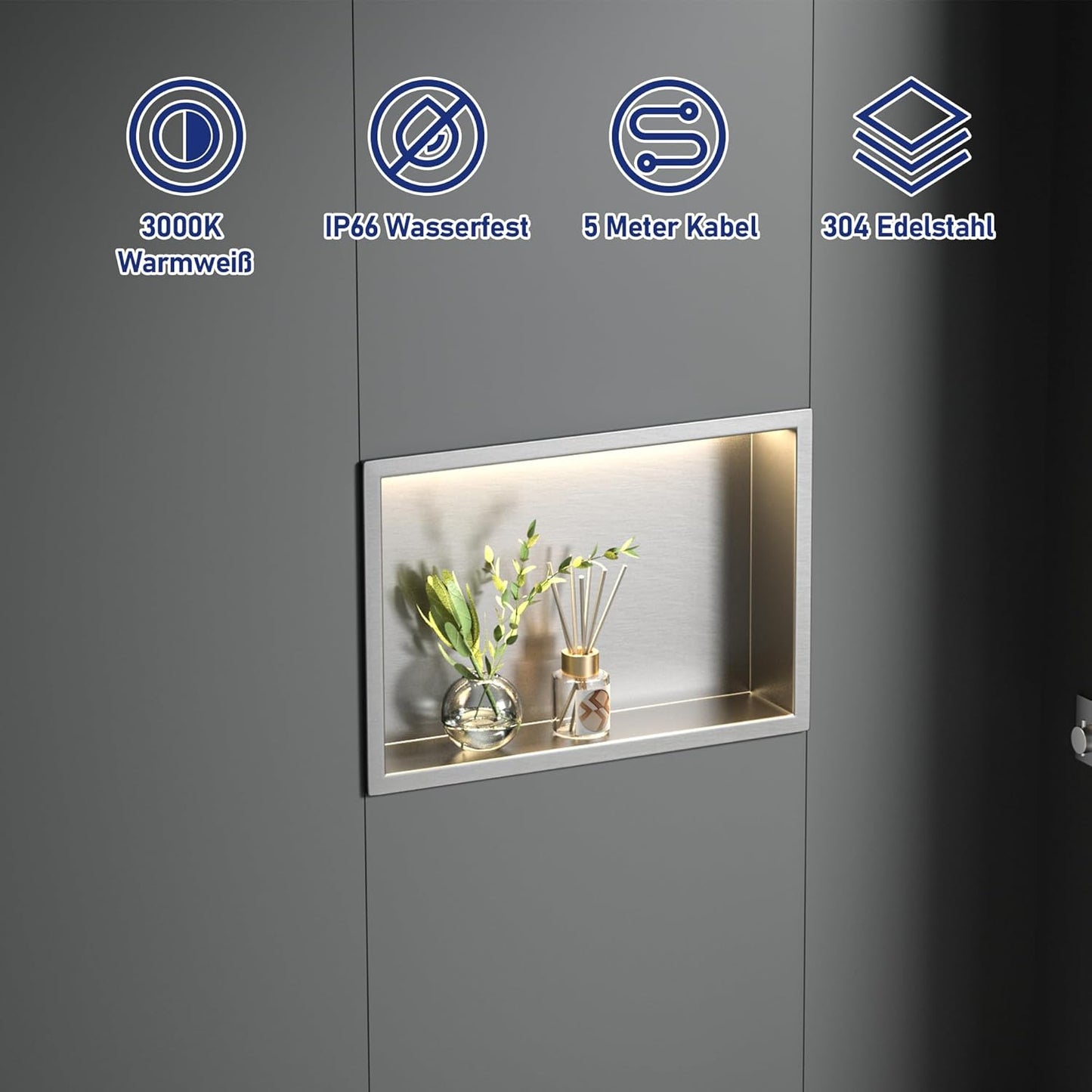 Duschnische mit LED-Licht, wasserdicht, Silber 45 x 30 x 10 cm
