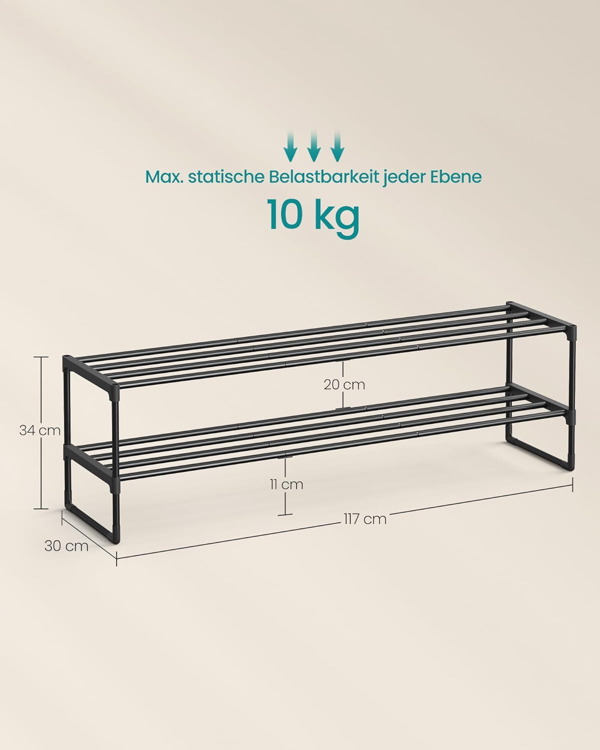 Stapelbares Schuhregal mit 2 Ebenen, 2 Ebenen (117B cm) Schwarz