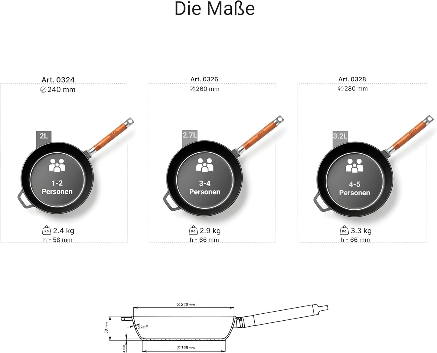 Tiefe Gusseisenpfanne mit abnehmbarem Griff (24 cm), 24