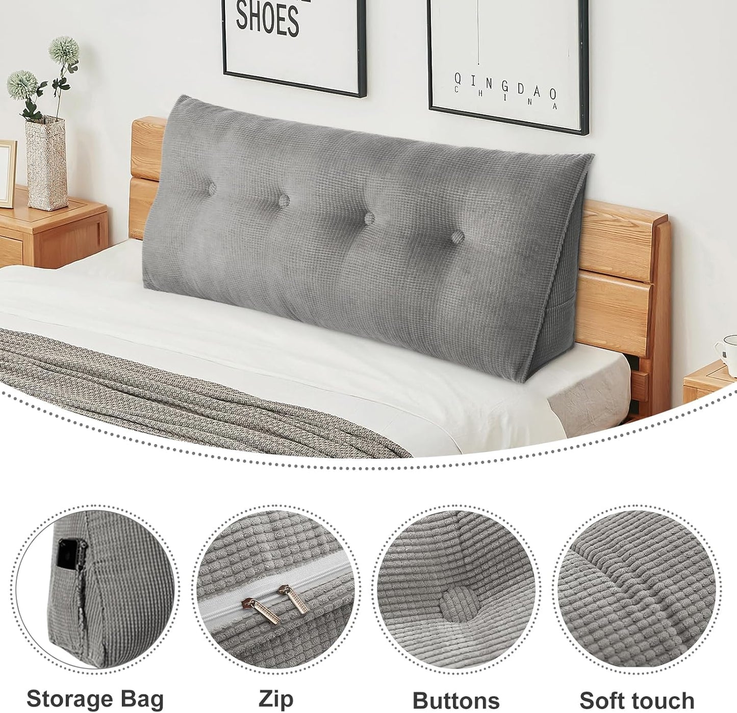 Keilkissen für Bett und Sofa mit Seitenfach, Grau 120*50*20cm