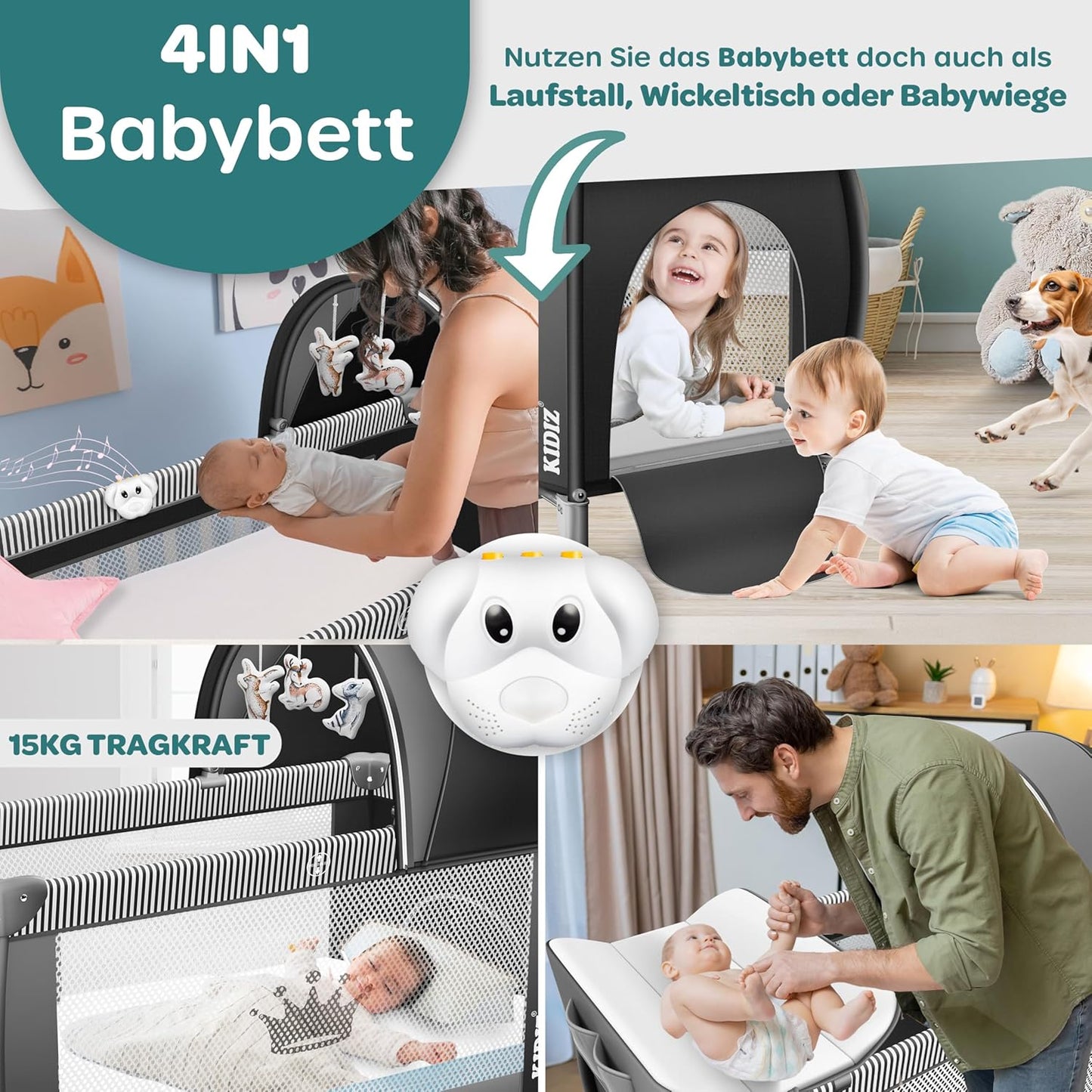 Klappbares Babyreisebett mit Matratze & Zubehör, Schwarz
