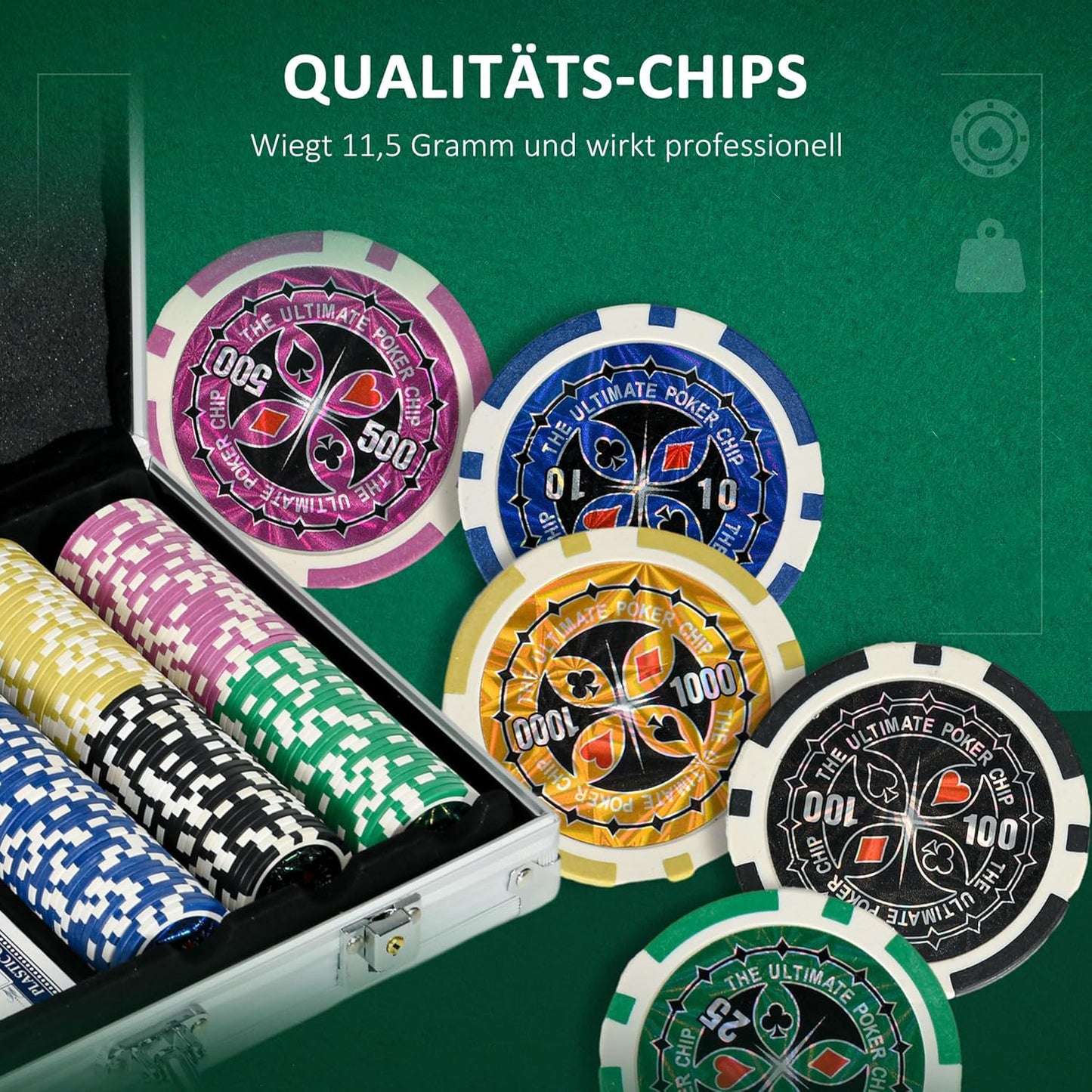 Pokerkoffer mit 300 Chips, 38,5L x 23B x 6,5H cm