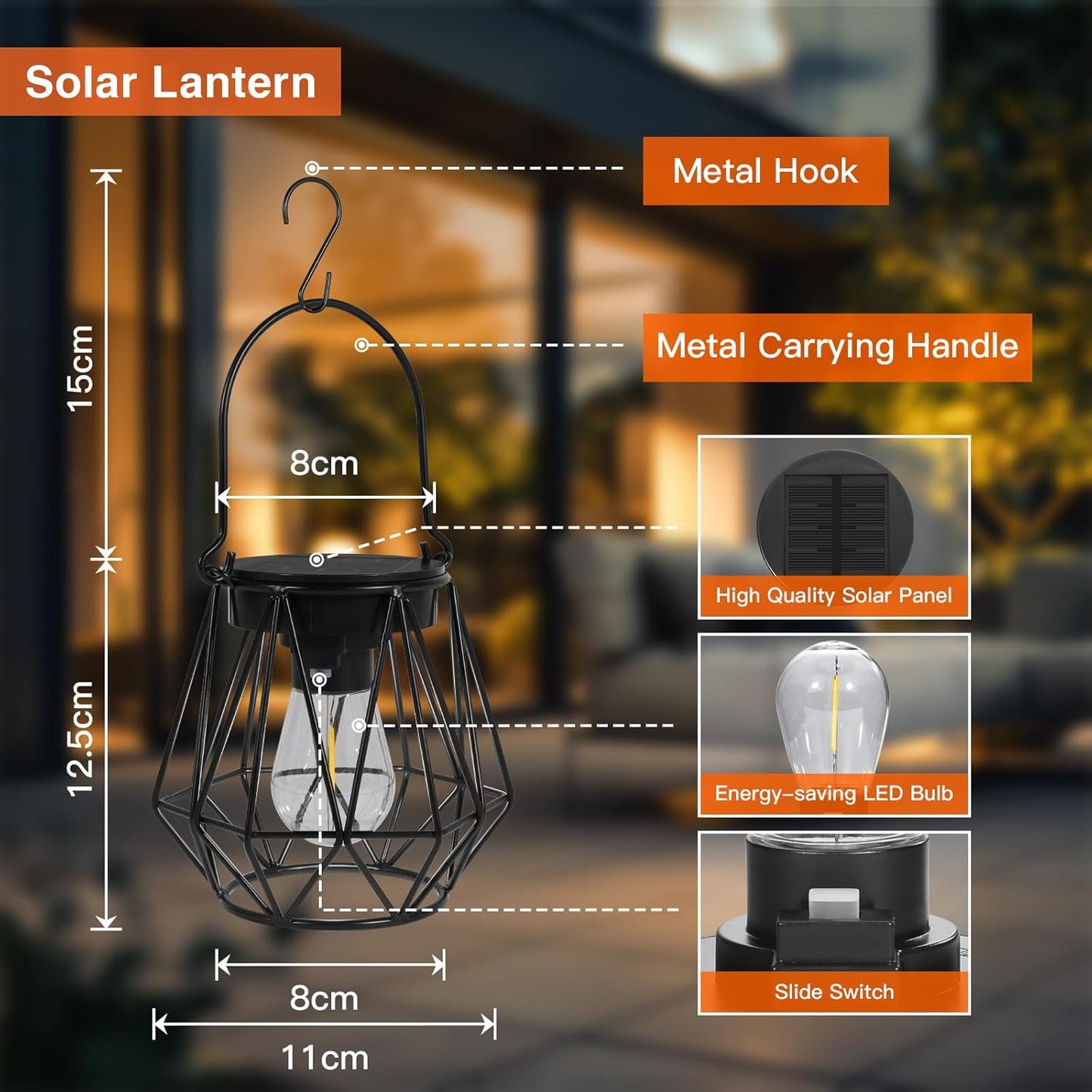 Retro LED Solar-Laternen, 2 Stück, Schwarz Sechseck