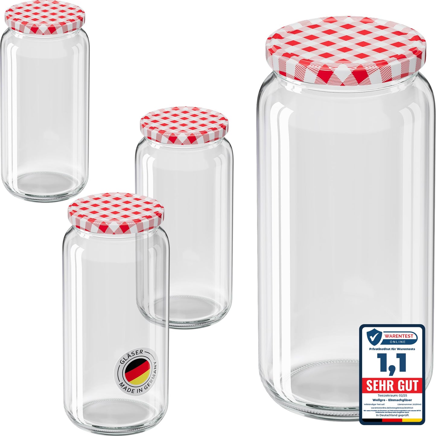 6er-Set Einmachgläser mit Schraubdeckel, Rot Kariert 1045 ml 6