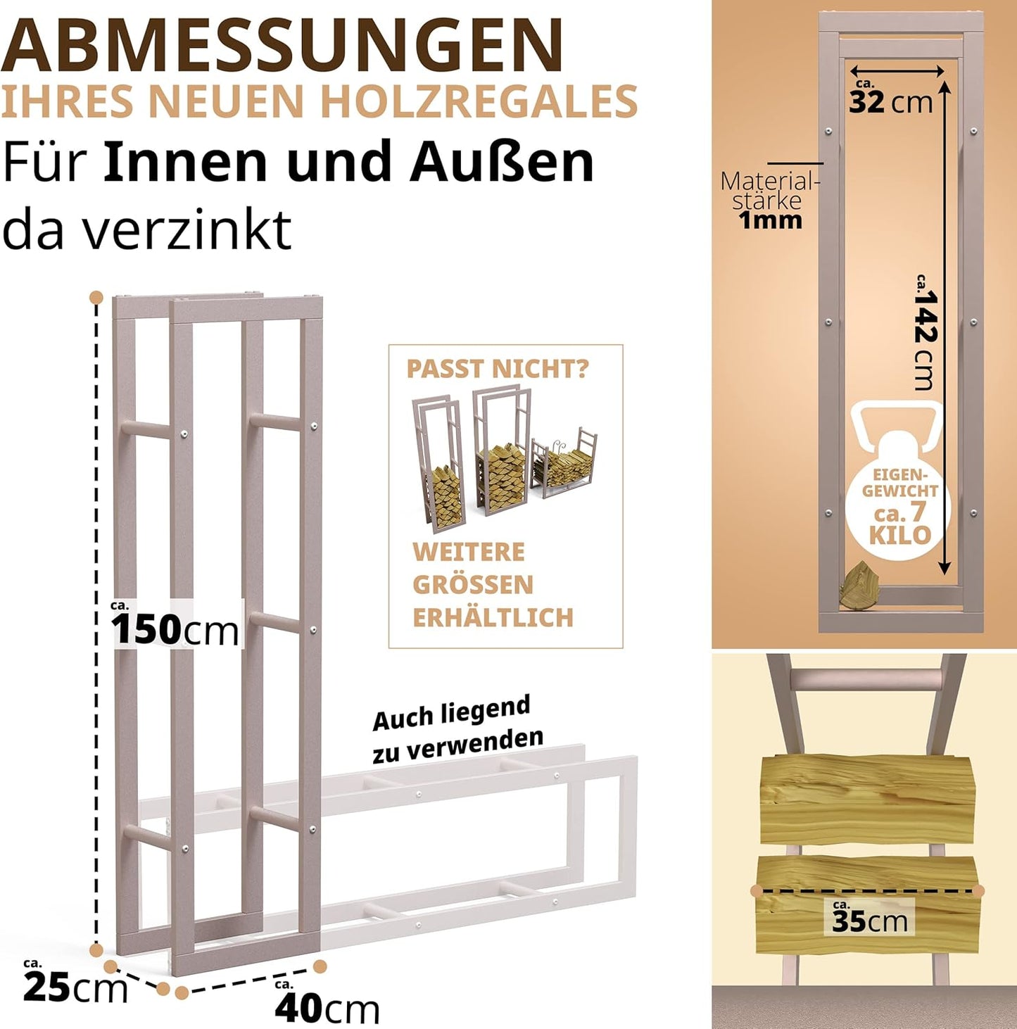 Kaminholzregal, 40x25x150 cm, Ral 9001 Cremeweiss