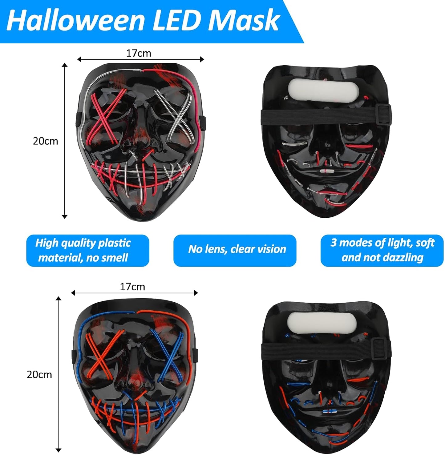 2er-Set LED-Halloweenmasken, Rot & Blau Masken Einheitsgröße