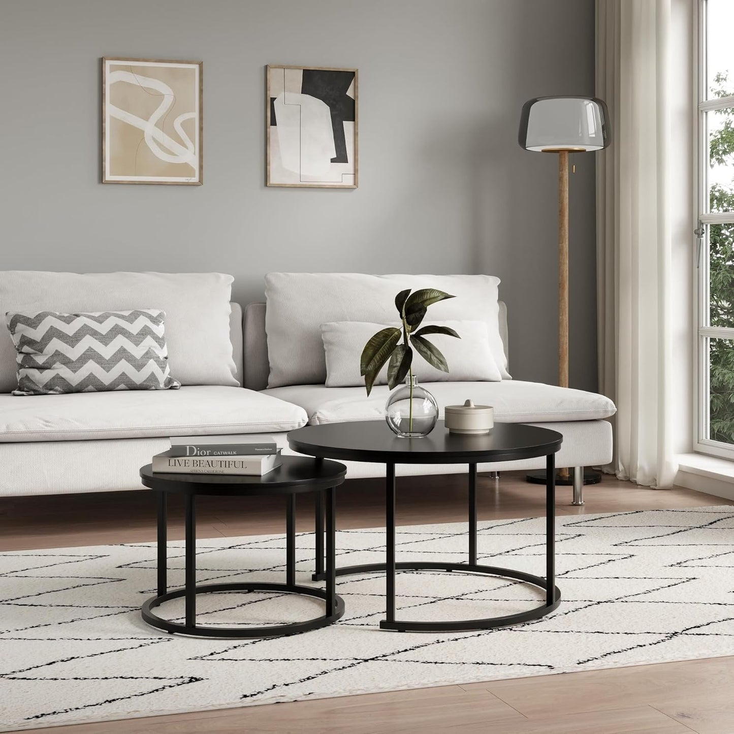 2er-Set Runder Couchtisch mit Metallgestell, Schwarz rund gross
