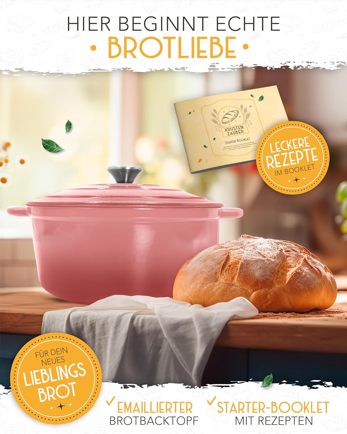 Schmortopf mit Deckel, backofengeeignet, Emaille Topf 4,7l - Rosa - Einzeln
