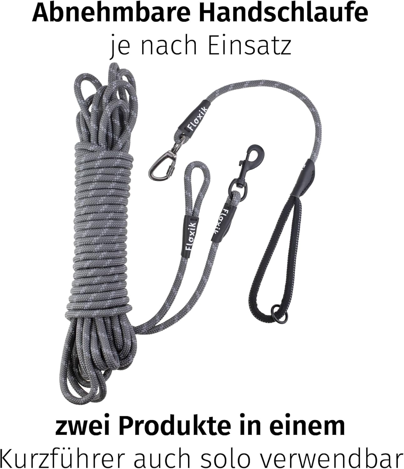 Reflektierende Hundeschleppleine mit Handschlaufe, 15m / Grau