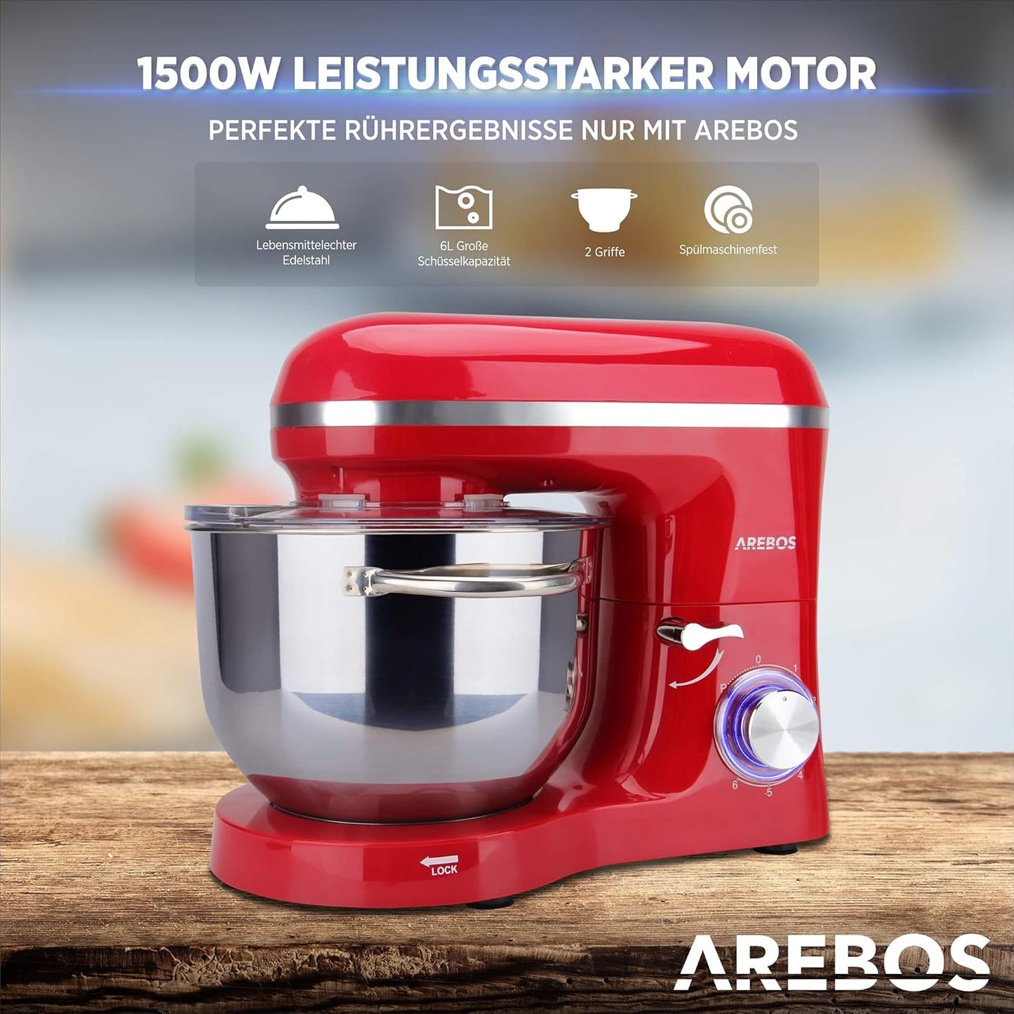 Küchenmaschine mit 6L-Rührschüssel, Rot